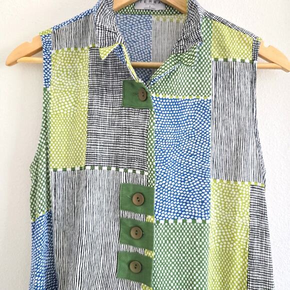 Terra Patch Work Sleeveless Tunic Shirt Gillet Convertible Collar Gray Green S - Picture 2 of 5